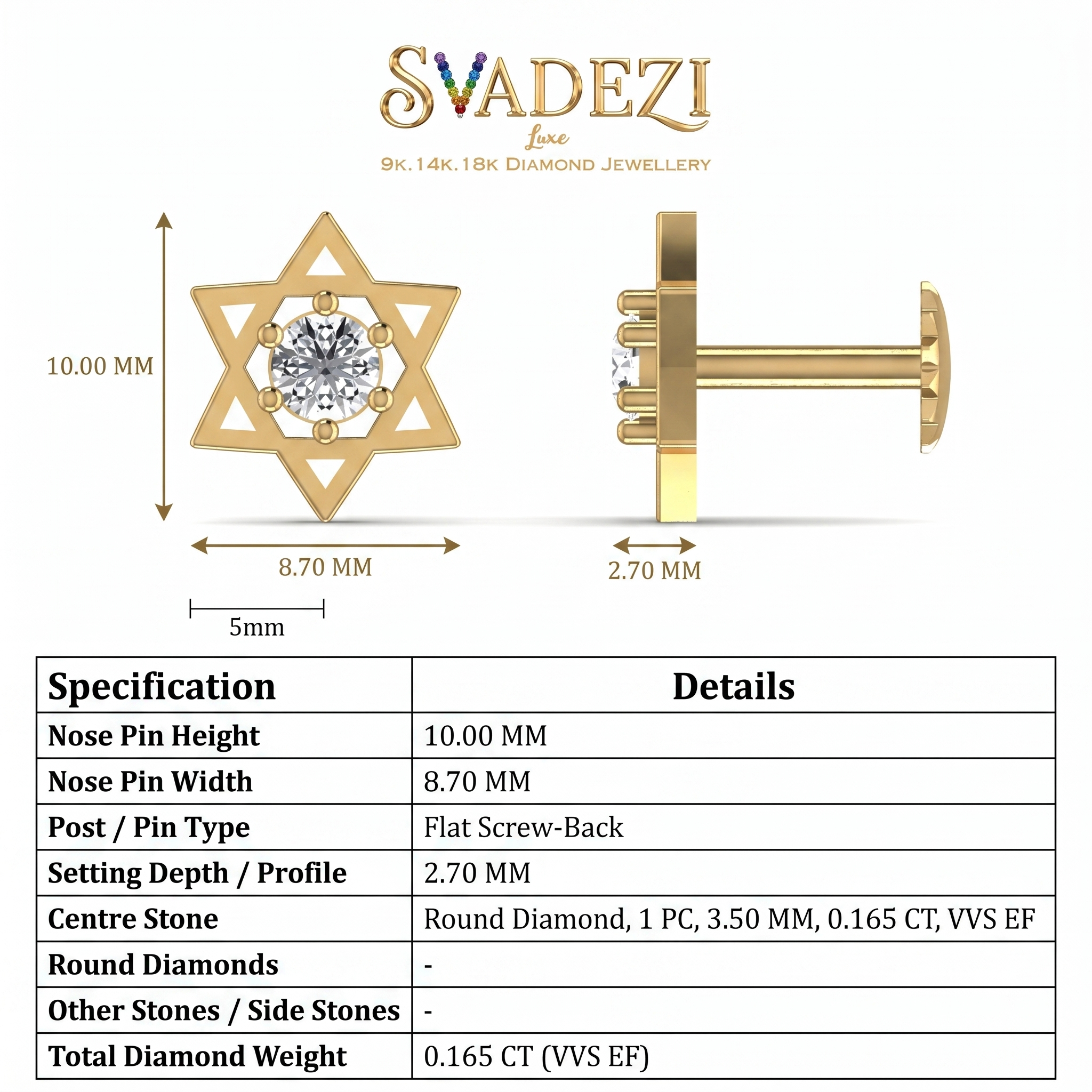 Aureate Reverence Diamond Nose Pin by SVADEZI